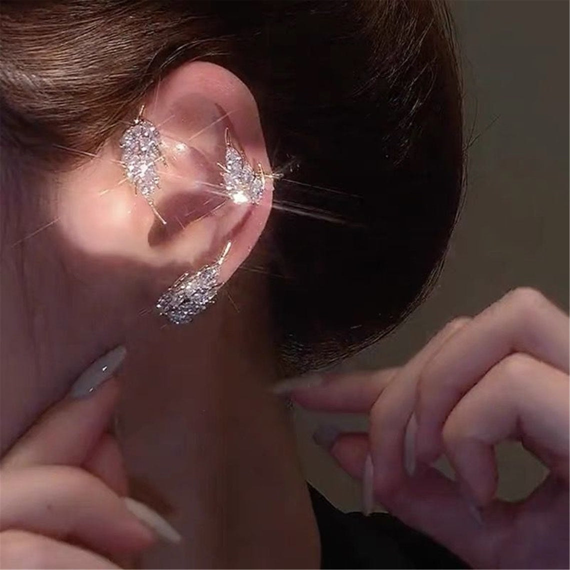 Leaf Feather Ear Hanging Light Flash Zirconium Ear Clip Earrings