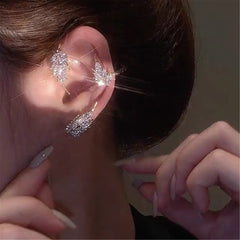 Leaf Feather Ear Hanging Light Flash Zirconium Ear Clip Earrings