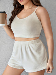 Solid Fleece Pajama Set Crop Cami & Shorts Loungewear