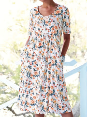 Floral Print Ruched Short Sleeve Plus Size Boho Midi Dress