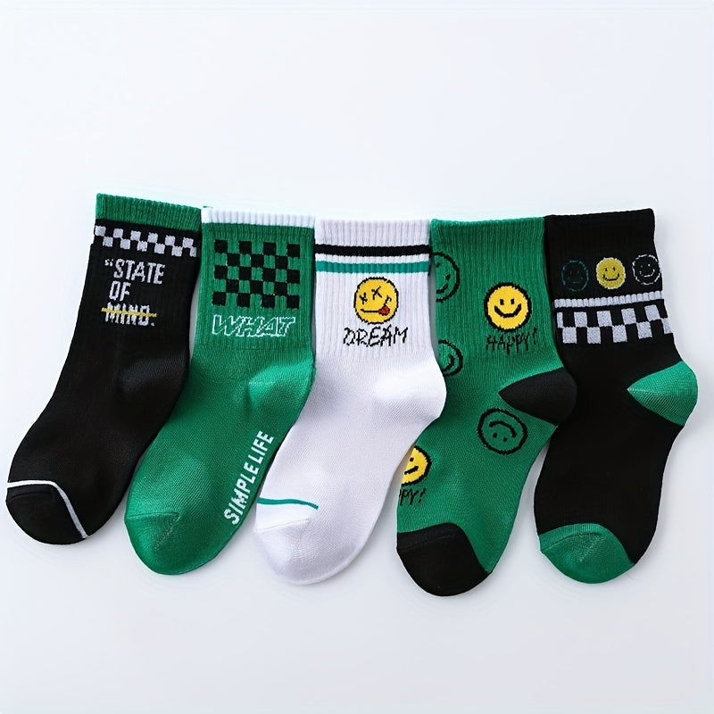 5pairs Checker Smiling Face Crew Socks for Kids