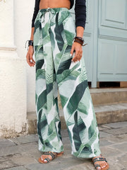 Plus Leaf Print Wide Leg Boho Pants High Rise Elastic Drawstring