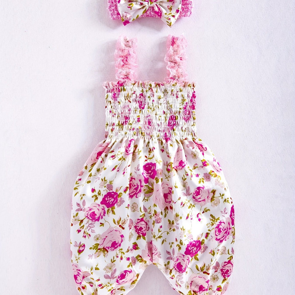 Baby Girls Floral Print Romper Jumpsuit & Headband Set