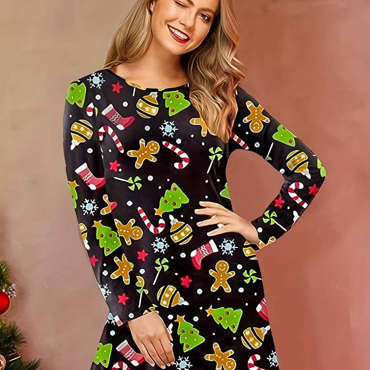 Christmas NightDress Long Sleeve Pajama Dress Sleepwear
