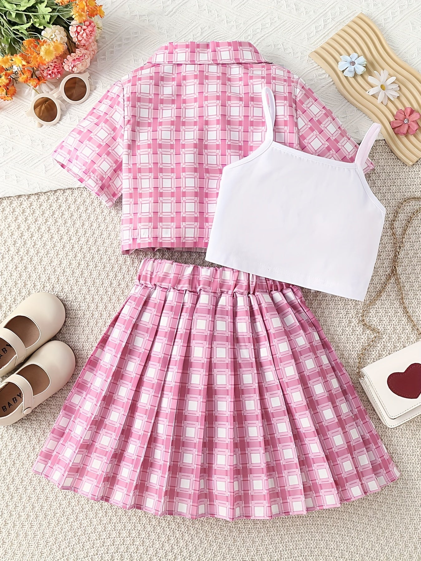 Girls Plaid Print Button Blouse & Pleated Skirt 2 Piece Set