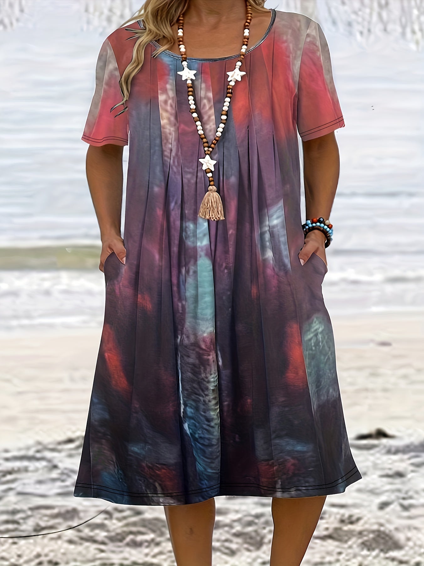  Tie Dye Boat Neck Pleated Midi Dress With Pockets