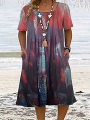  Tie Dye Boat Neck Pleated Midi Dress With Pockets