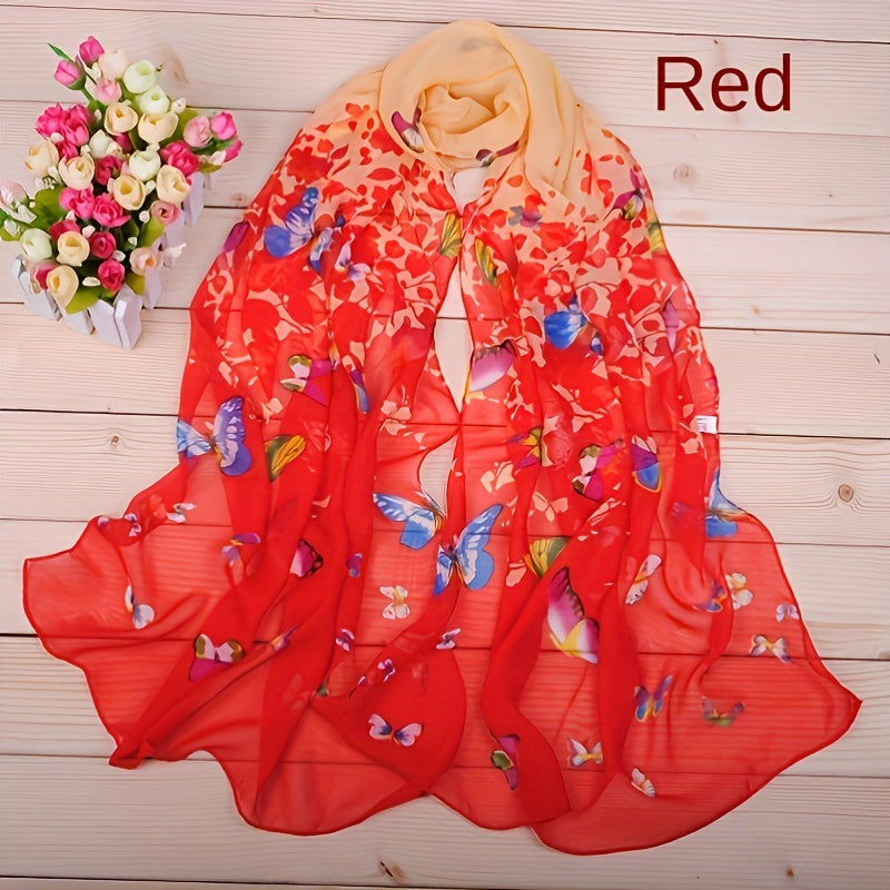 Colorful Butterfly Print Long Chiffon Silk Scarf for Women