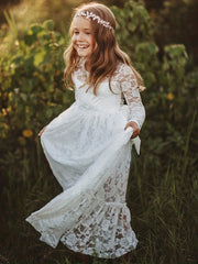Kid Girls Long Sleeve Lace Belt Dress For 2-14 Years