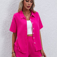 Casual Two-piece Set Button Blouse & Shorts Outfit