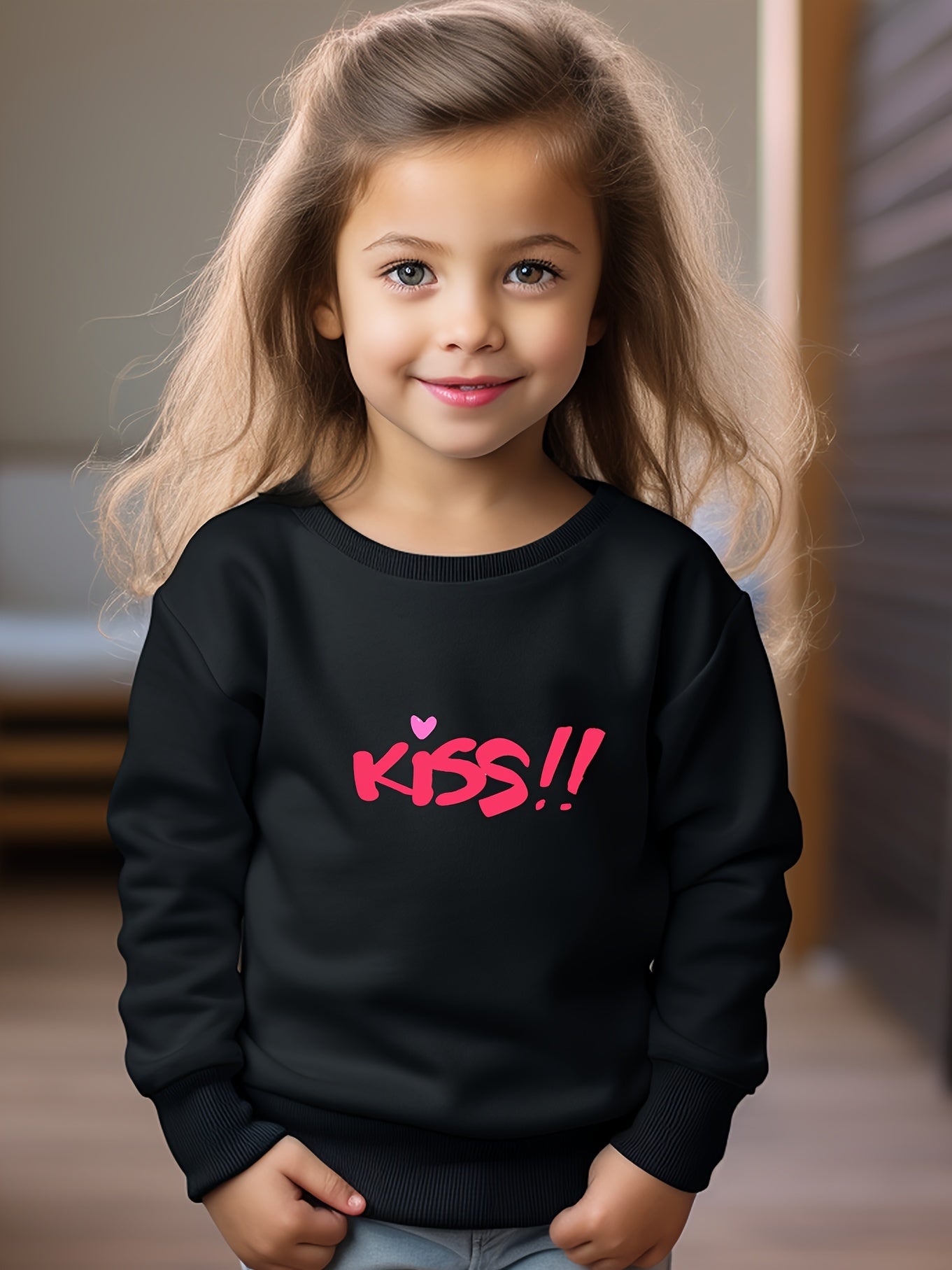 Girls Kiss Pattern Crew Neck Long Sleeve Sweatshirt