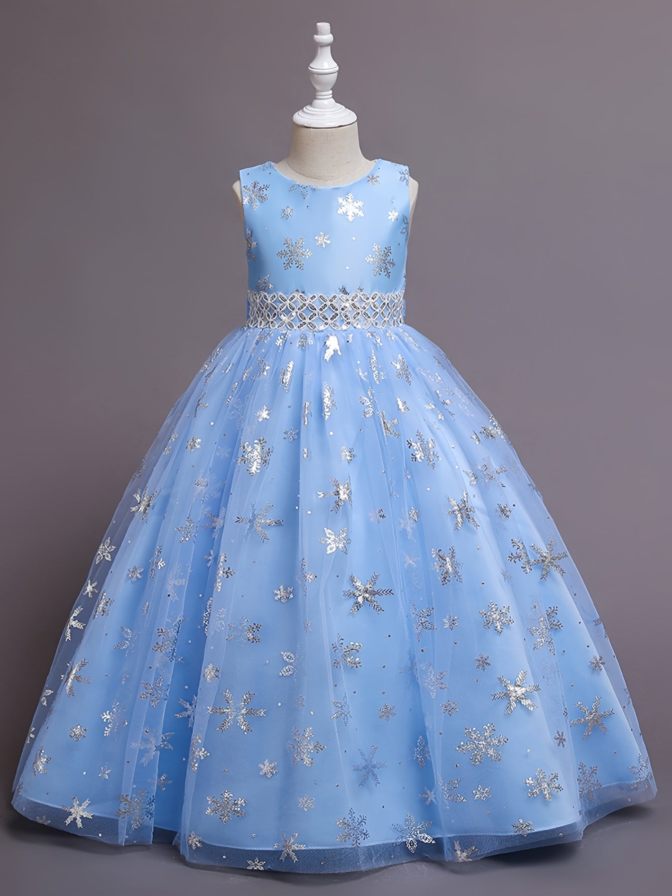 Girls Snowflake Long Dress Sleeveless Mesh Christmas Princess Party