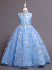 Girls Snowflake Long Dress Sleeveless Mesh Christmas Princess Party