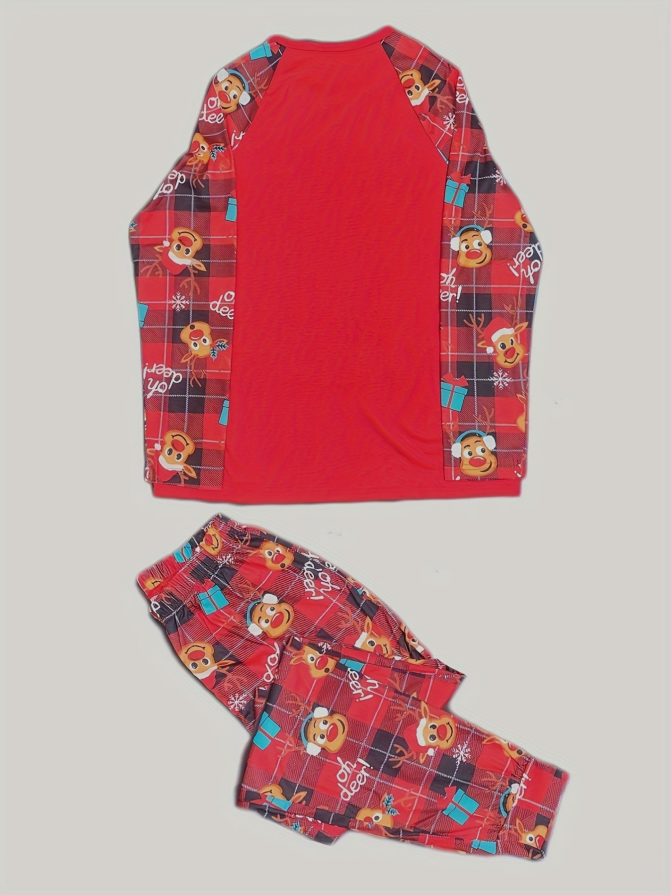 Christmas Elk Print Pajama Set Long Sleeve Top & Plaid Pants Women's Sleepwear
