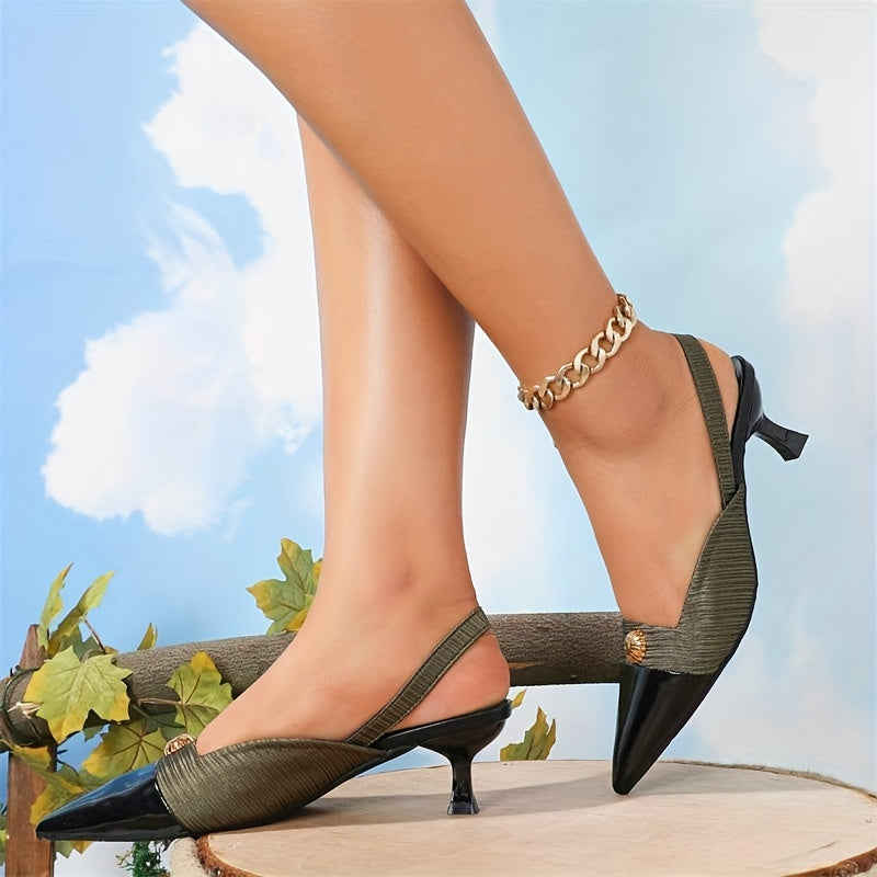 Women's Slingback Kitten Heels Pointed Toe Colorblock Slip On Low Heels