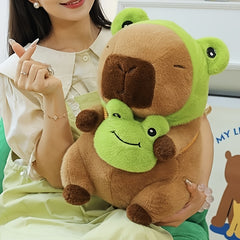 Soft Capybara Plush with Frog Hat & Bag Anime Style Brown & Green Cuddly Doll