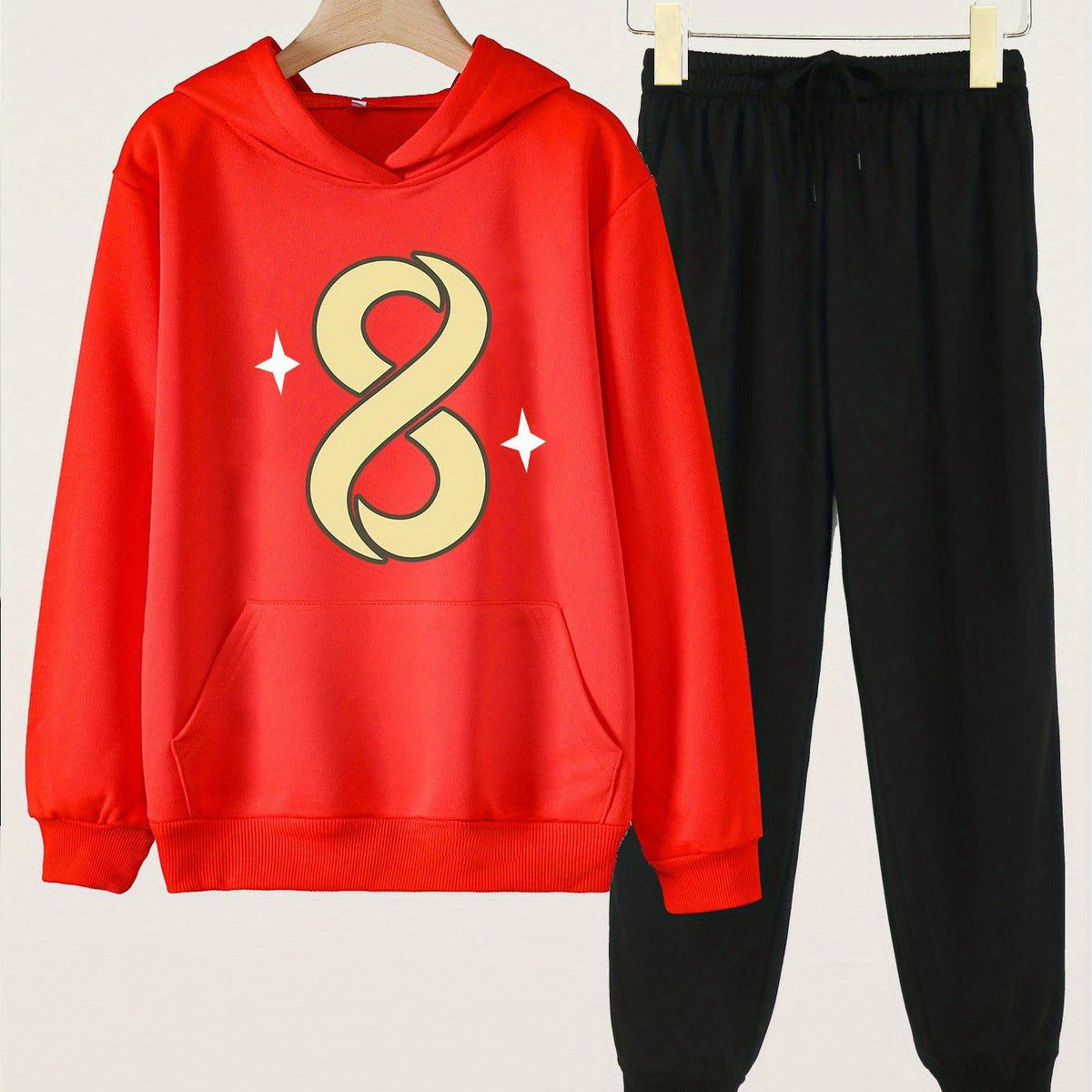 2pcs Number 8 Print Hooded Outfit For Girls Hoodie & Comfy Pants Set