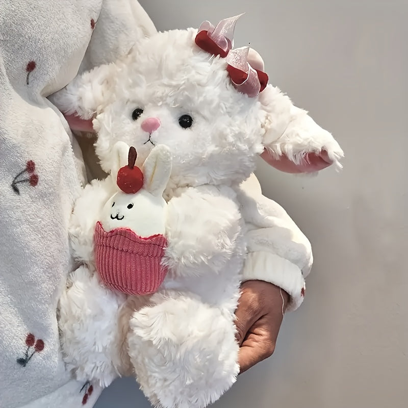 Soft Lamb Plush Toy with Red Bow & Cupcake Stuffed Animal