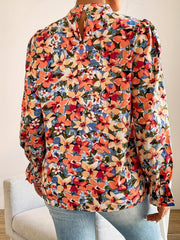  Floral Print Lantern Sleeve Mock Neck Top
