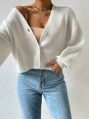  Solid Button Up Lantern Sleeve V Neck Cardigan