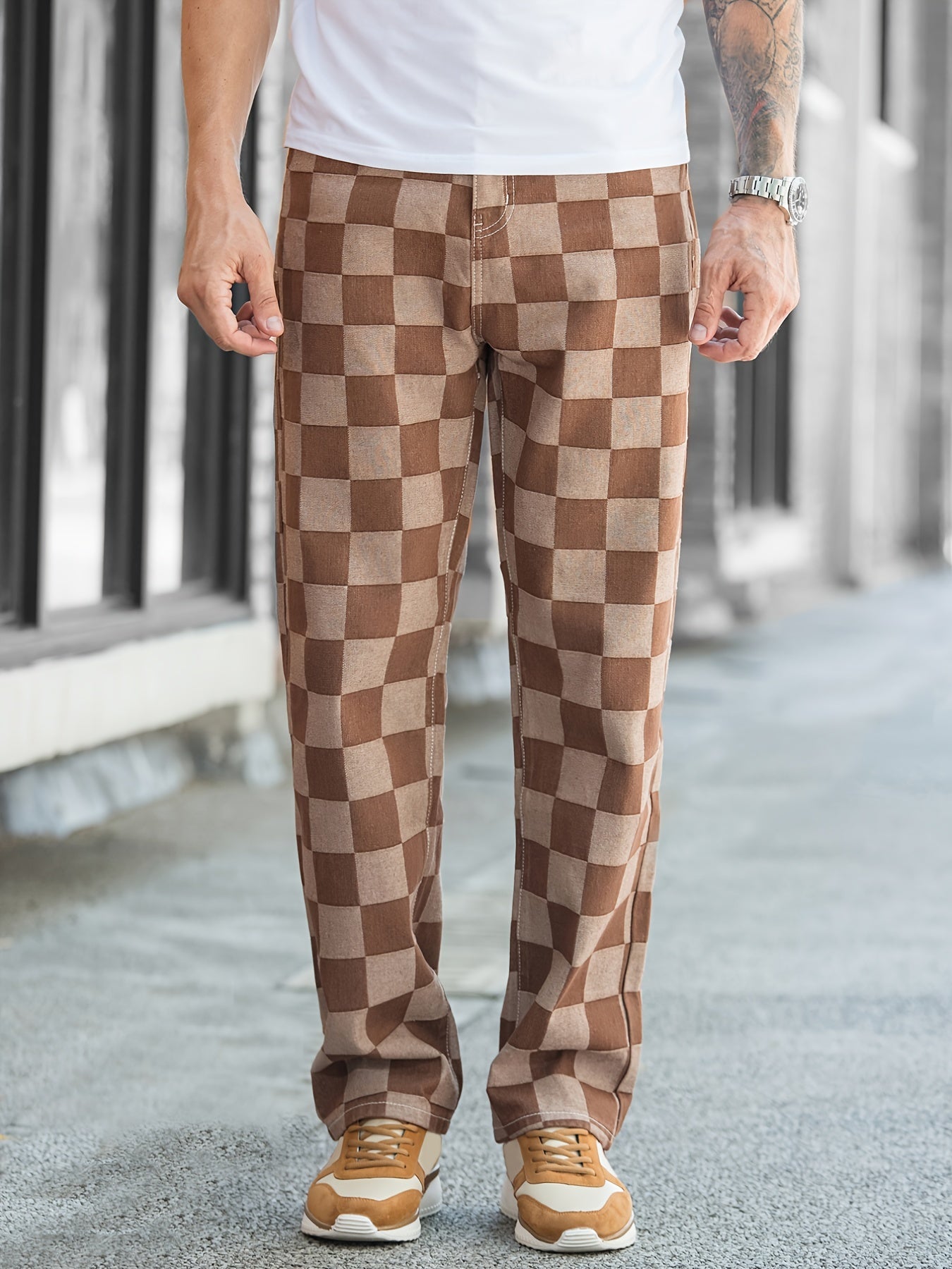 Men's Brown Plaid Denim Pants