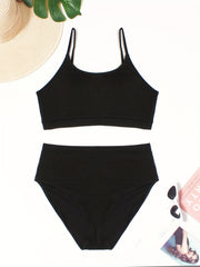  Casual Bikini Set Solid Round Neck Cami Top & Underwear Swimsuit