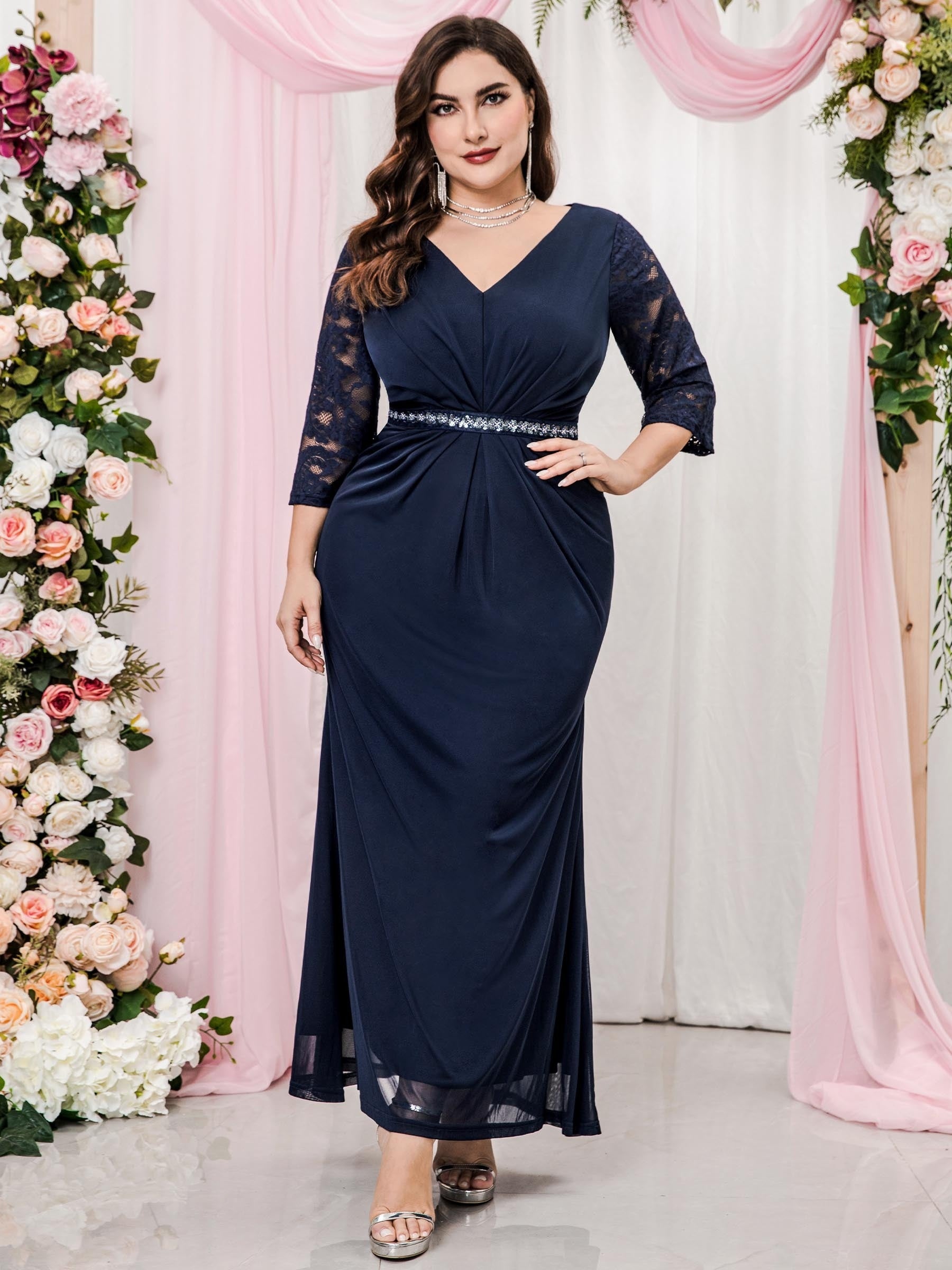  Colorblock Sequin Lace Bridesmaid Maxi Dress