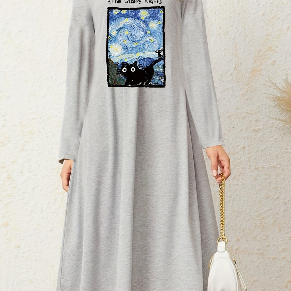  Cat Painting Print Long Sleeve Stretch Nightdress