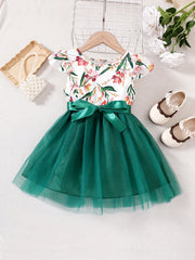 Girls Ruffled Sleeves Crew Neck Bow Floral Tulle Tutu Princess Dress