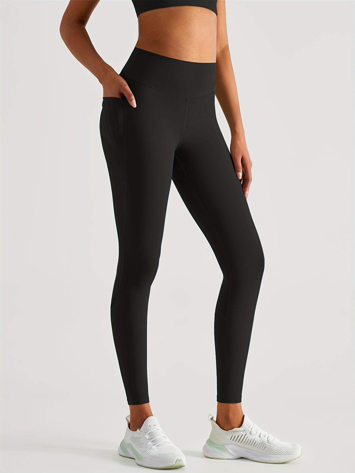 High Waist Fleece Sports Pants With Pocket Seamless Solid Yoga Leggings