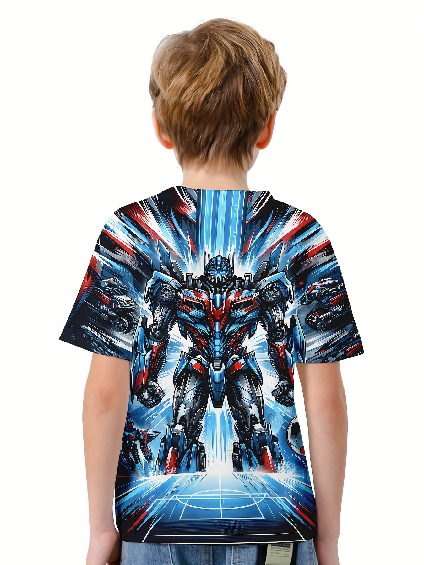 Robot Warrior Print Boy's Tees Short Sleeve Crew Neck Comfy T shirt