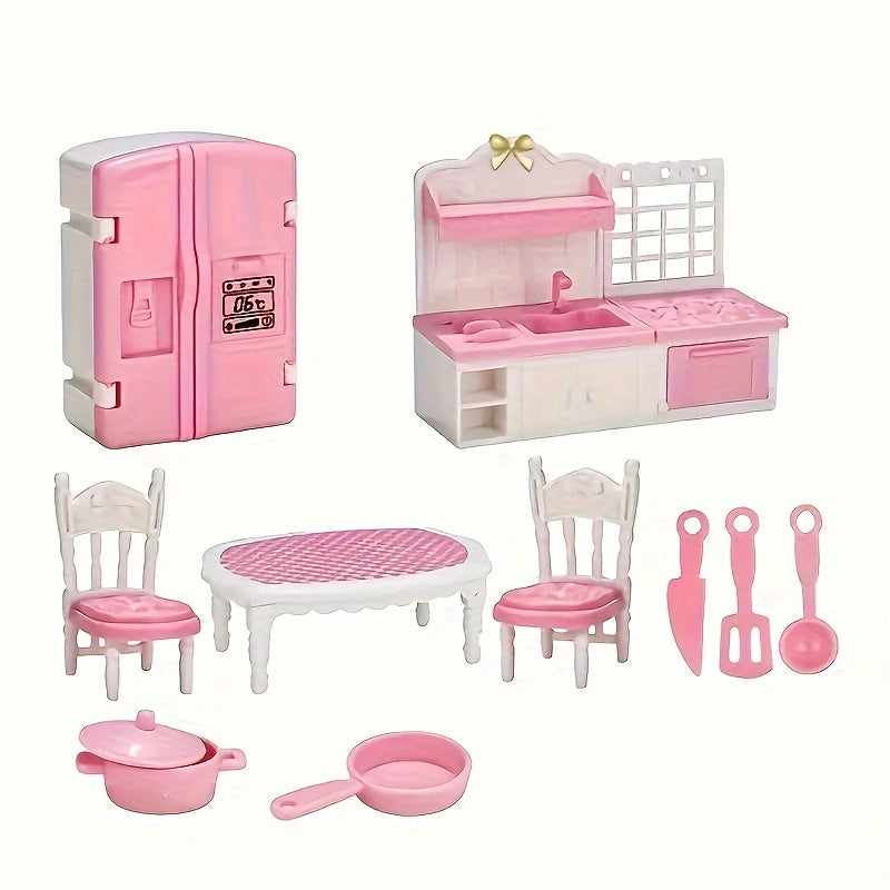 Pink Dollhouse Furniture Set for Kids - 3 Room Miniature Playhouse