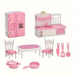 Pink Dollhouse Furniture Set for Kids - 3 Room Miniature Playhouse