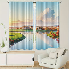 Cartoon Sky Clouds Grassland Village Window Curtains And Tapestries