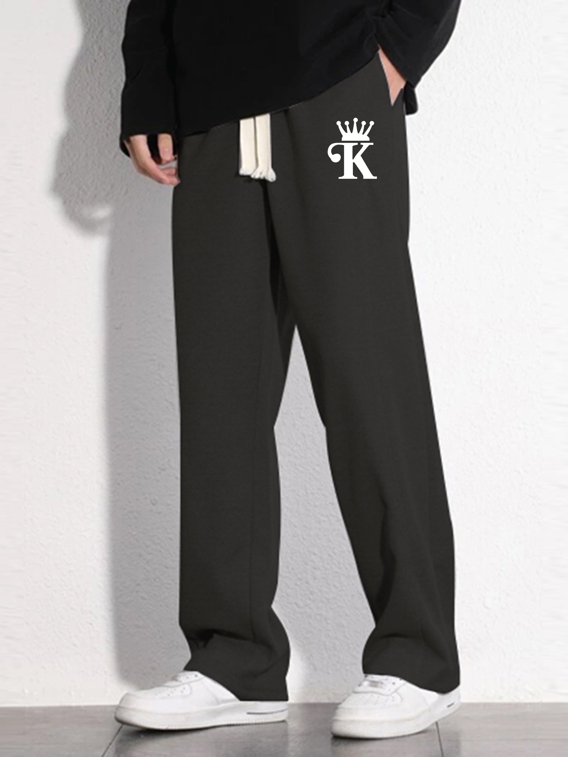 Crown Pattern Letter Print Mopping Trousers Men's Casual Loose Fit