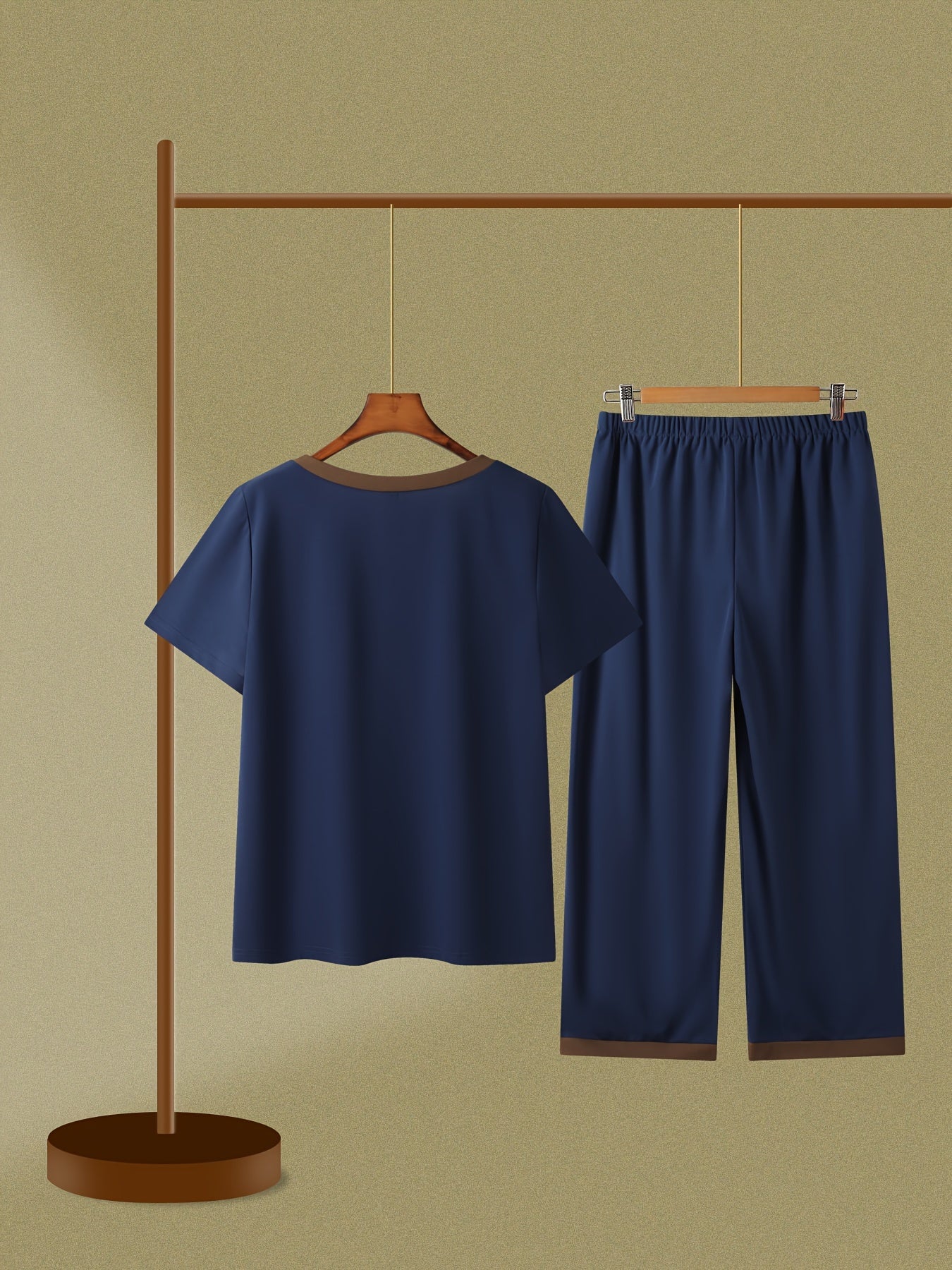 Colorblock V Neck Top & Wide Leg Pants 2 Piece Set