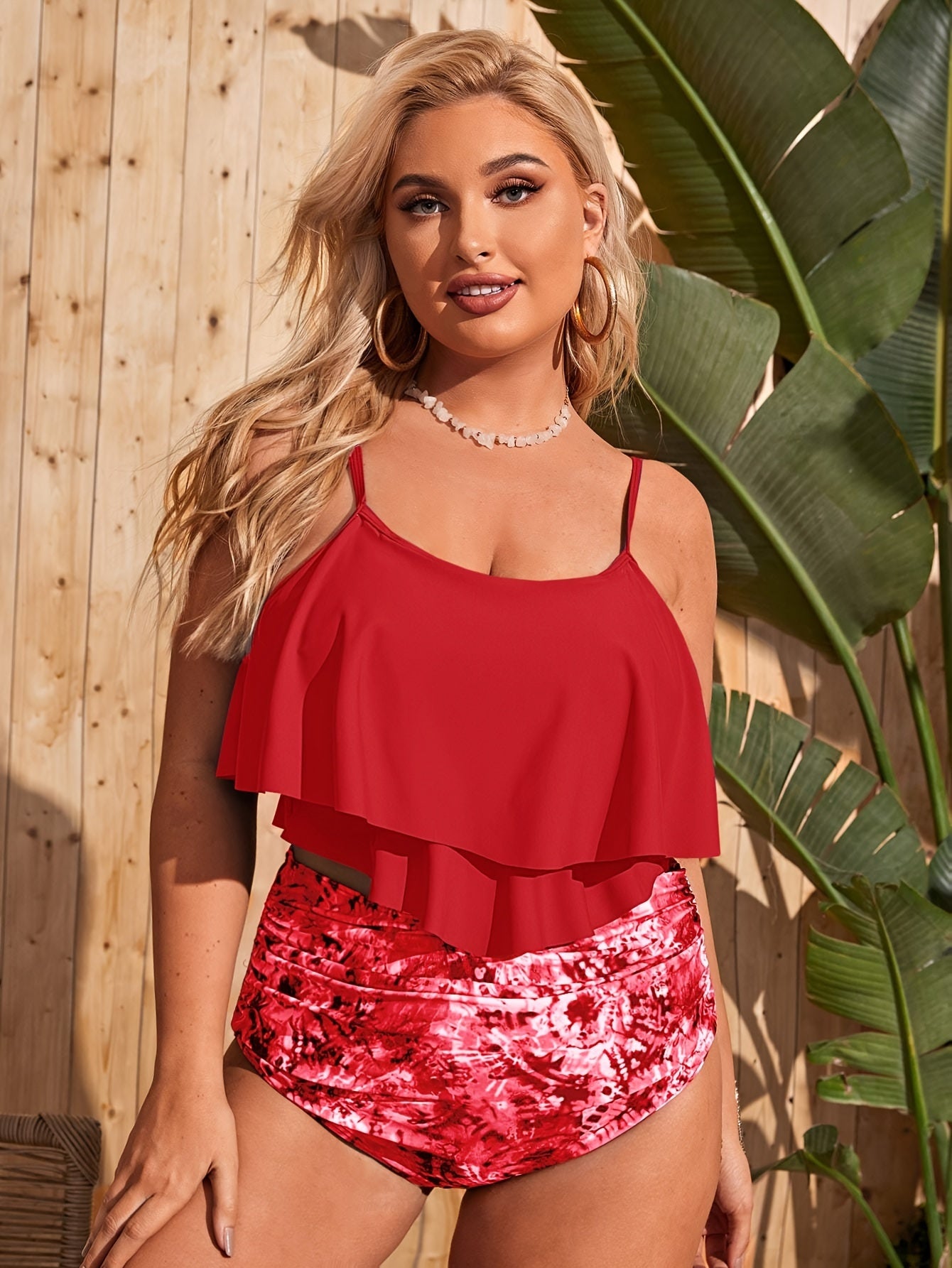  Solid Layered Ruffle Crop Cami Top & Tie Dye Panty Swimsuit Set