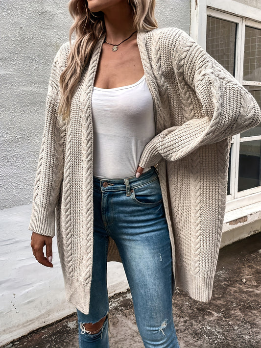  Solid Cable Long Sleeve Open Front Knit Cardigan