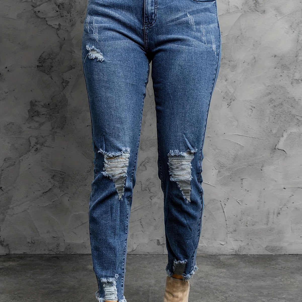  Casual Jeans Women's Solid Ripped Trim Slim Fit Jeans