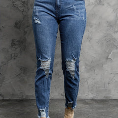  Casual Jeans Women's Solid Ripped Trim Slim Fit Jeans