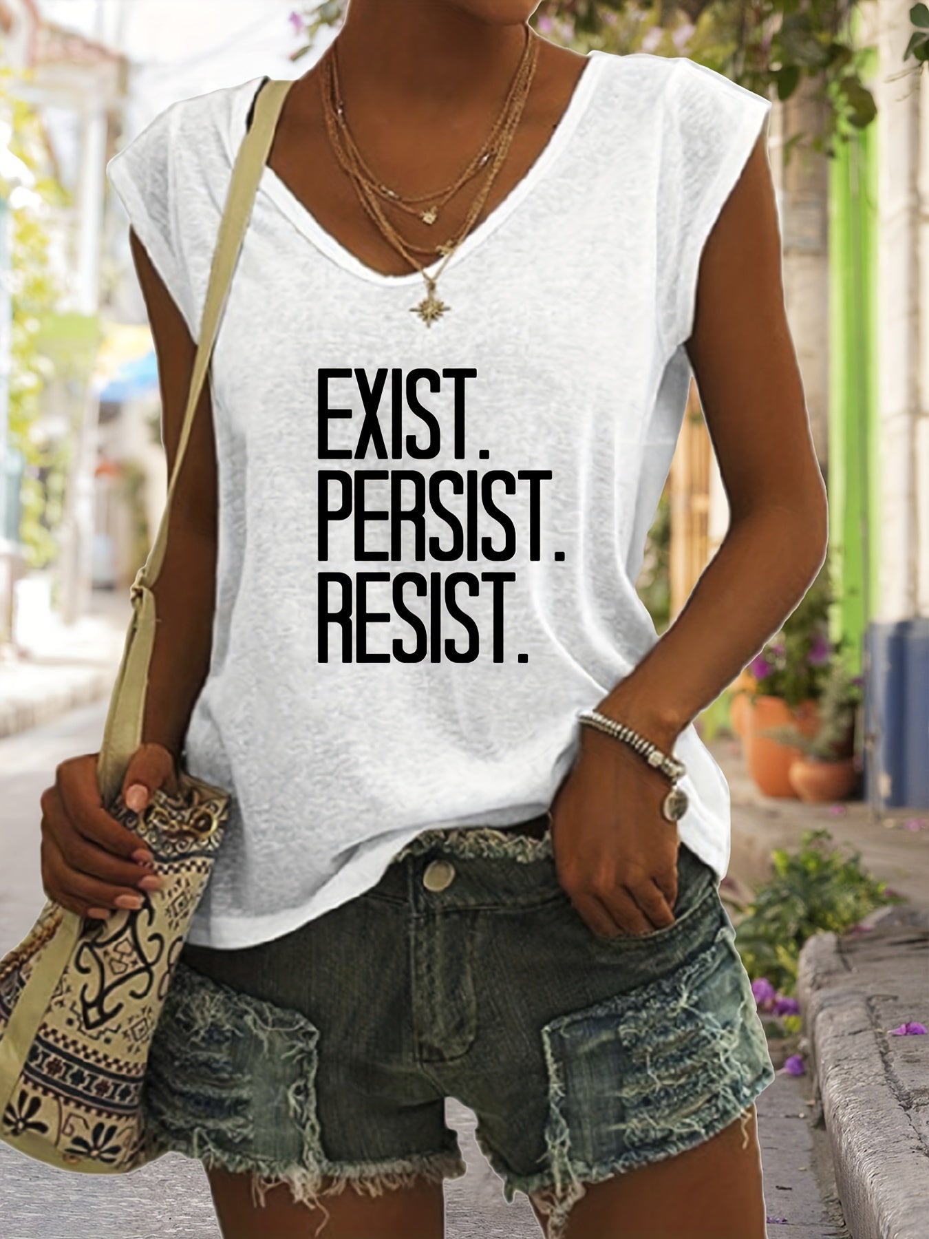 Letter Print V Neck Tank Top Casual Sleeveless