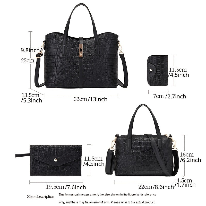 4 Pc Crocodile Embossed Bag Set Shoulder & Handbag & Wallet & Card Case