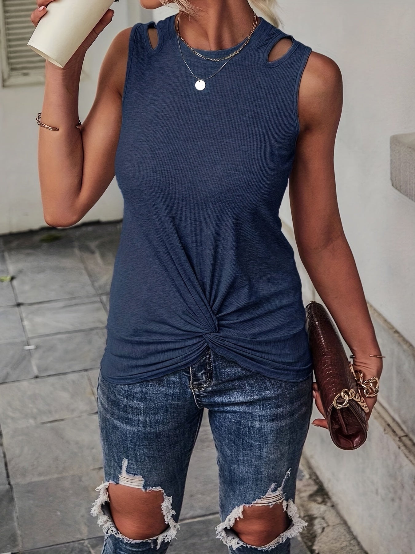 Knot Front Cut Out Tank Top Sleeveless Casual Solid Tank Top