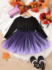 Baby Girls Spider Print Mesh Puffy Dress Halloween Party Long Sleeve