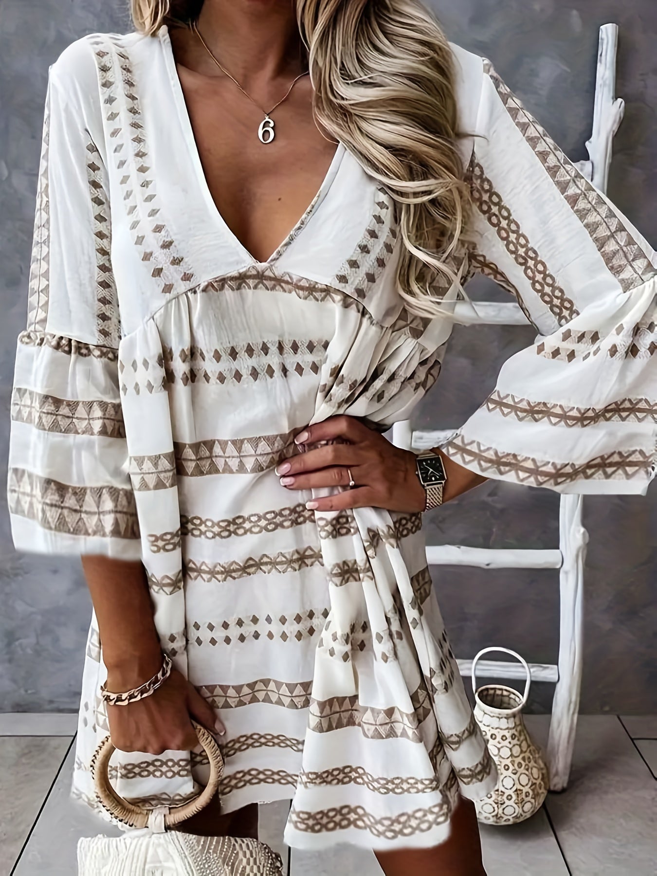  Geometric Print Bell Sleeve V Neck Mini Dress