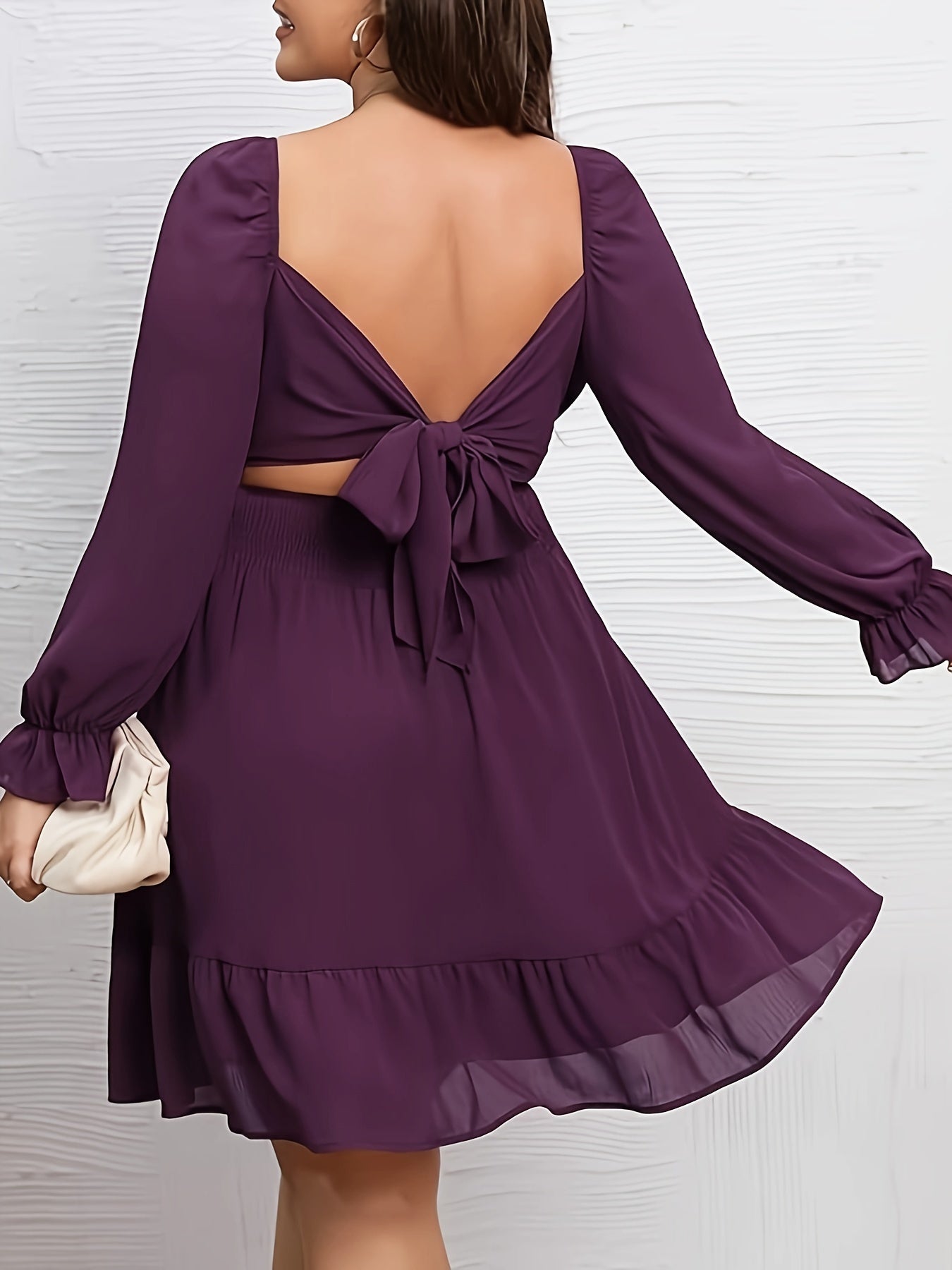  Solid Lantern Sleeve Square Neck Mini Smock Dress