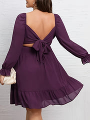  Solid Lantern Sleeve Square Neck Mini Smock Dress