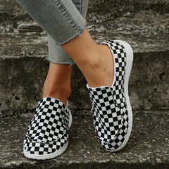 Women's Checkered Canvas Slip On Shoes Lightweight Casual Flat Walking Shoes