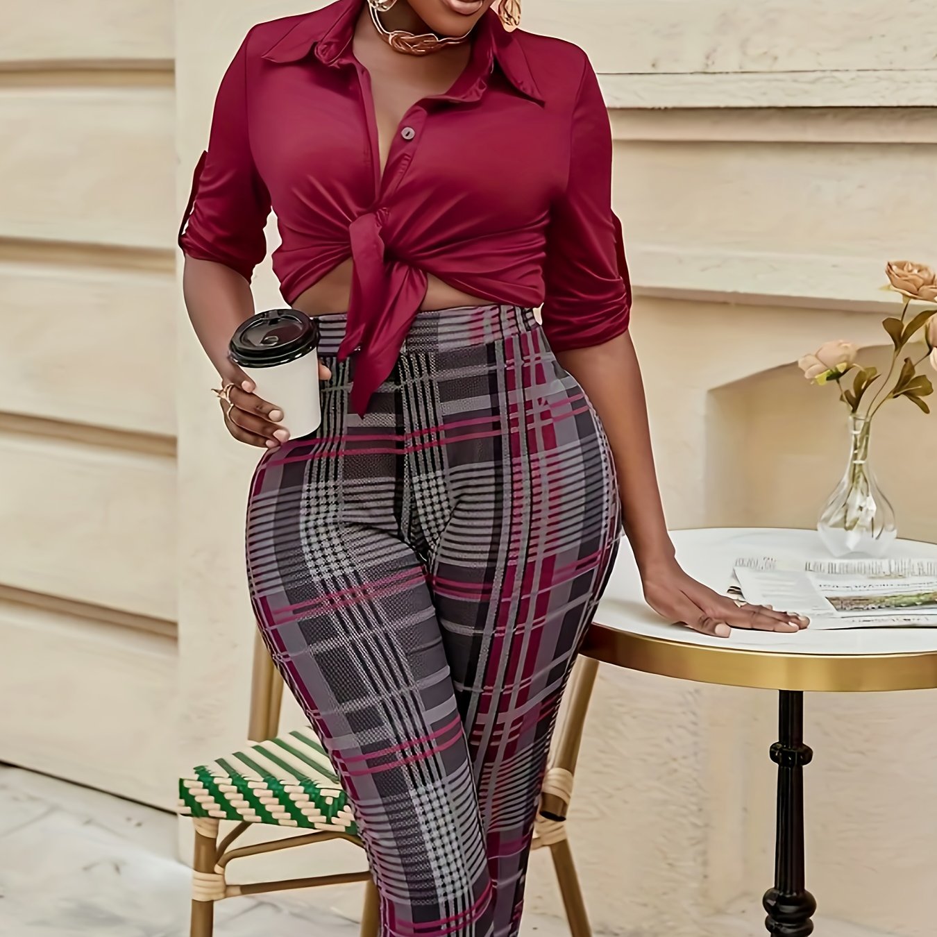  Plaid Print High Rise Skinny Trousers