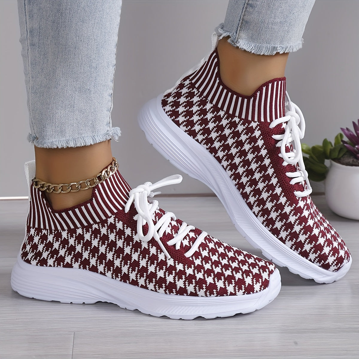 Women's Houndstooth Lace-up Sneakers Lightweight Sports Outdoor Shoes